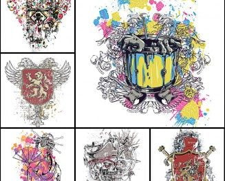 drums, geisha, grunge, heraldic, modern, print, shield, t-shirt.