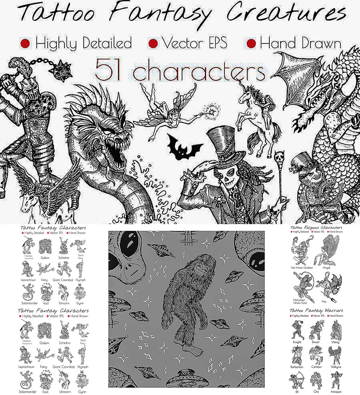 TATTOO FANTASY CHARACTERS | Vector File | Pixirak Designer |